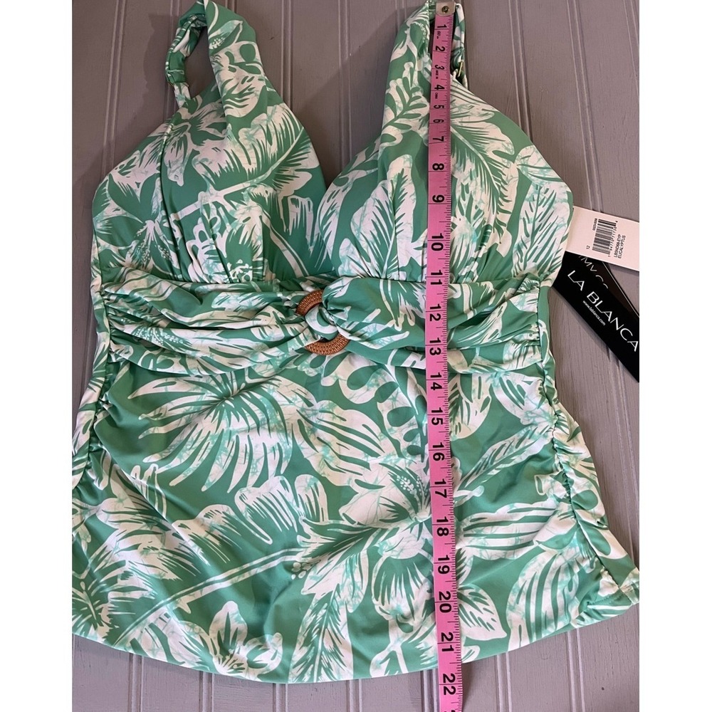 La Blanca V Neck Tropical Tankini Tummy Control Top Womens 12 Green White NEW - Picture 12 of 14